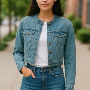 Women’s Cropped Button Front Denim Jacket Blue Jean Coat Vintage Style